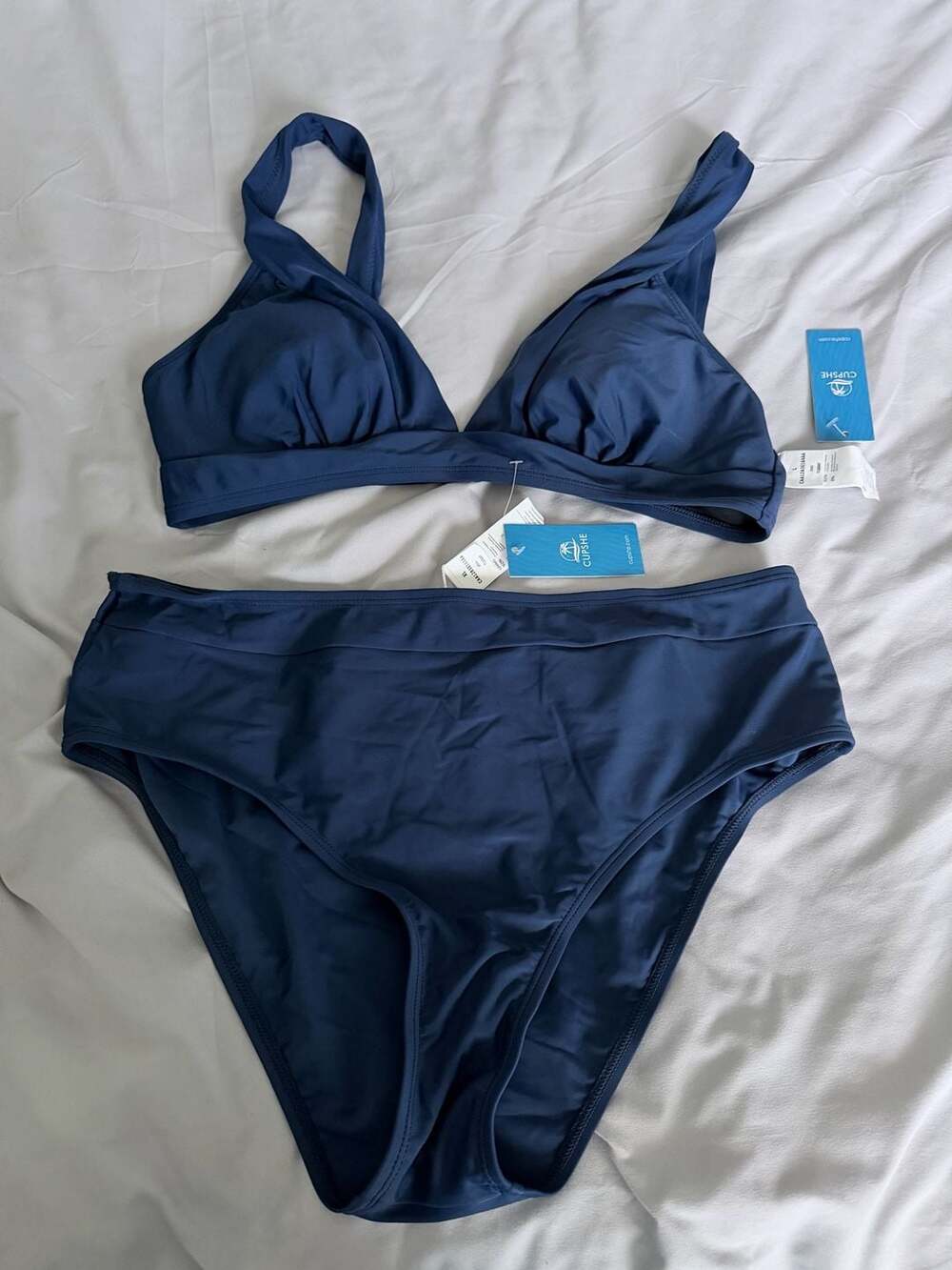 CUPSHE Navy Blue V-Neck Triangle Top and High-Waisted Bikini Set